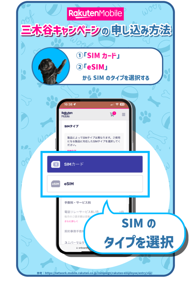 三木谷キャンペーンの手順：「SIMカード」・「eSIM」からSIMのタイプを選択する　を示した図