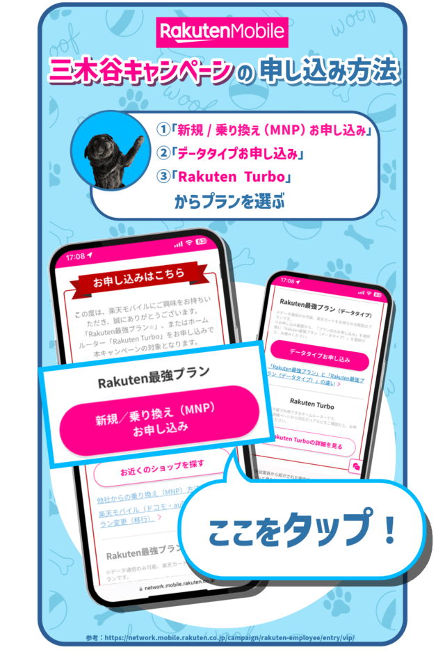 三木谷キャンペーンの手順：「新規/乗り換え（MNP）お申し込み」・「データタイプお申し込み」・「Rakuten Turbo」からプランを選ぶ　を示した図