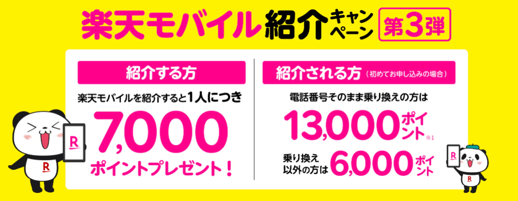 楽天モバイル紹介で1人につき7,000P&紹介される人13,000Pプレゼント