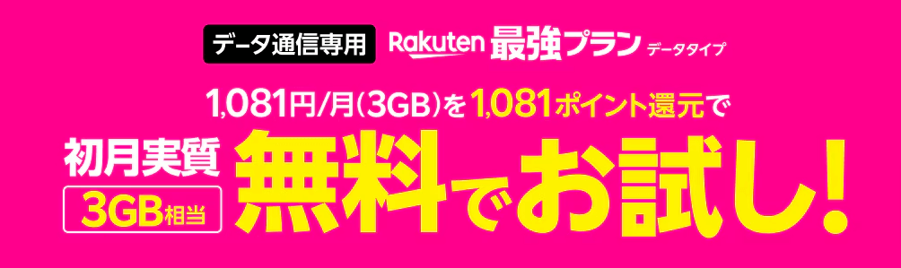 データ通信専用プラン3GB相当月額1,081円契約が初月1081P還元で実質無料