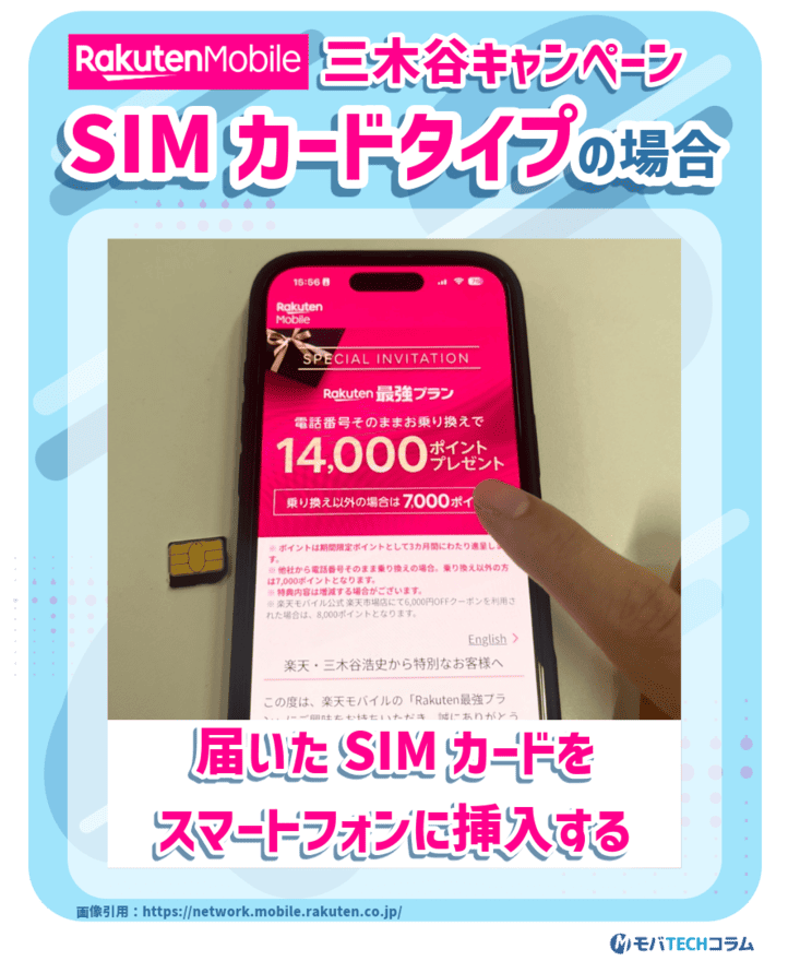 楽天モバイルの開通手続きでSIMカードを挿入する図